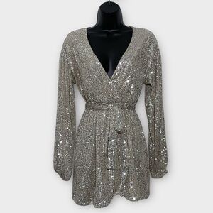 Princess Polly Silver Sequin Dancing Queen Mini Faux Wrap Dress Size 0